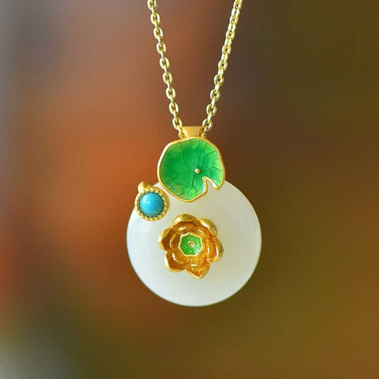 S925 Silver Inlaid Hetian Nephrite "Lotus Steps" Jewelry Set - jewelry - weilin.com