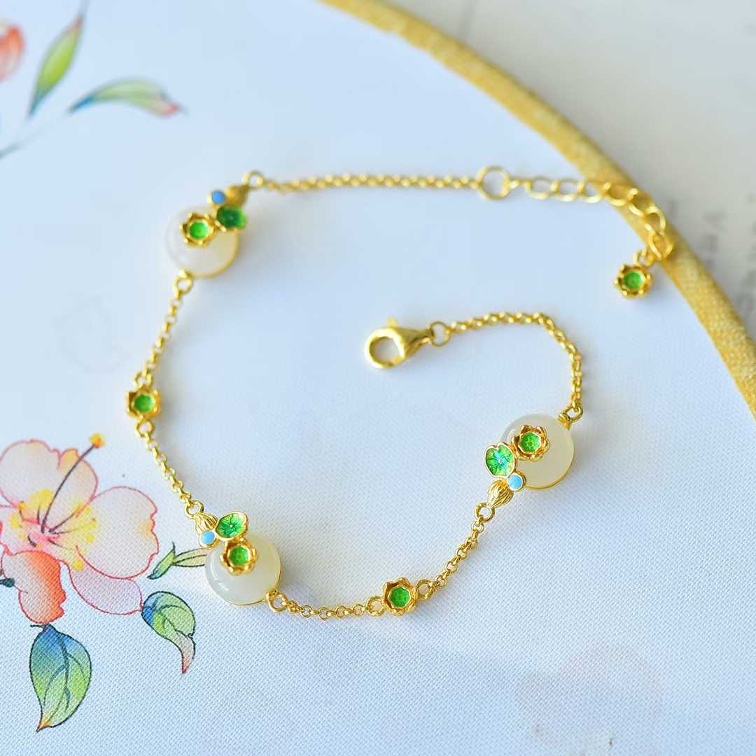 S925 Silver Inlaid Hetian Nephrite "Lotus Steps" Jewelry Set - jewelry - weilin.com