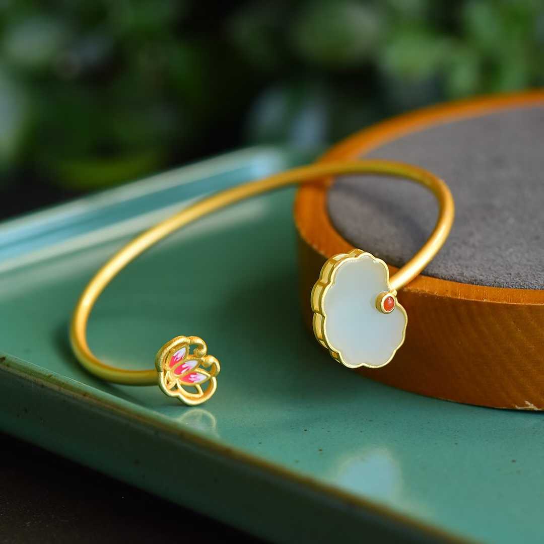 S925 Silver Inlaid Hetian Nephrite "Lotus & Year - Round Ruyi" Bracelet - jewelry - weilin.com