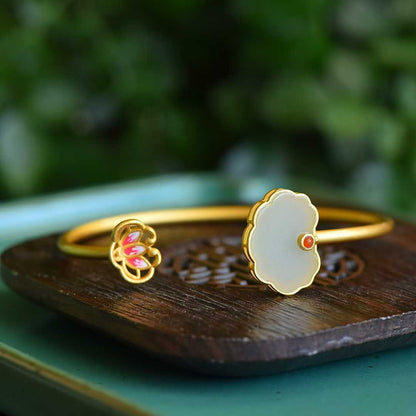 S925 Silver Inlaid Hetian Nephrite "Lotus & Year - Round Ruyi" Bracelet - jewelry - weilin.com