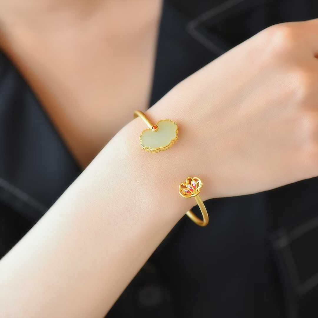 S925 Silver Inlaid Hetian Nephrite "Lotus & Year - Round Ruyi" Bracelet - jewelry - weilin.com