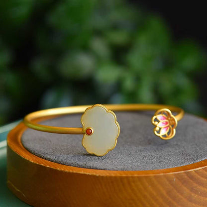 S925 Silver Inlaid Hetian Nephrite "Lotus & Year - Round Ruyi" Bracelet - jewelry - weilin.com