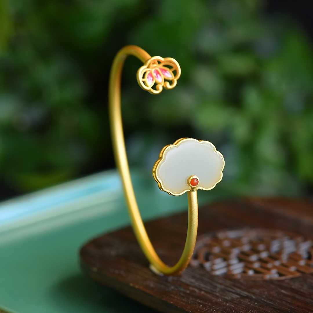 S925 Silver Inlaid Hetian Nephrite "Lotus & Year - Round Ruyi" Bracelet - jewelry - weilin.com