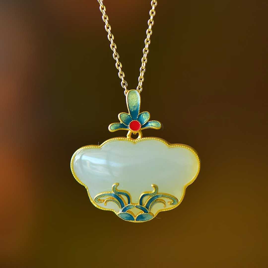 S925 Silver Inlaid Hetian Nephrite "Orchid & Grass Ruyi Lock" Jewelry Set - jewelry - weilin.com