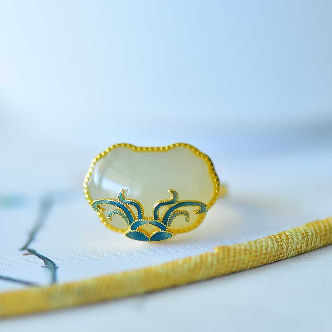 S925 Silver Inlaid Hetian Nephrite "Orchid & Grass Ruyi Lock" Jewelry Set - jewelry - weilin.com