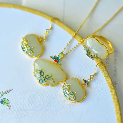 S925 Silver Inlaid Hetian Nephrite "Orchid & Grass Ruyi Lock" Jewelry Set - jewelry - weilin.com