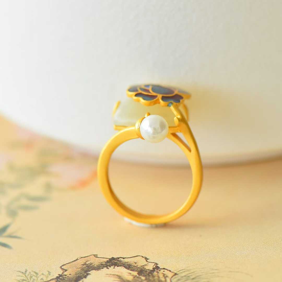 S925 Silver Inlaid Hetian Nephrite Peony Enamel Ring - jewelry - weilin.com