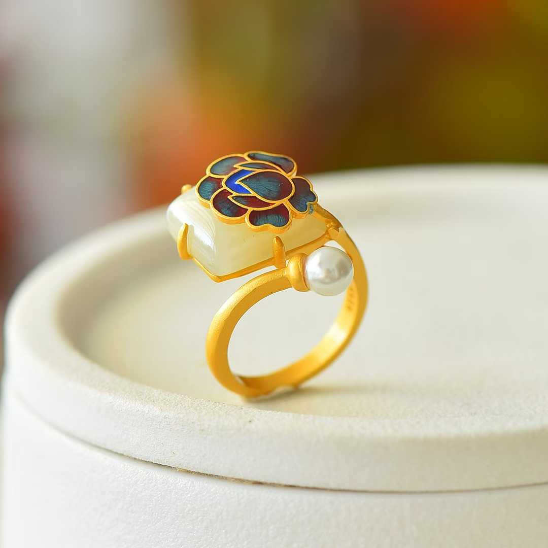 S925 Silver Inlaid Hetian Nephrite Peony Enamel Ring - jewelry - weilin.com