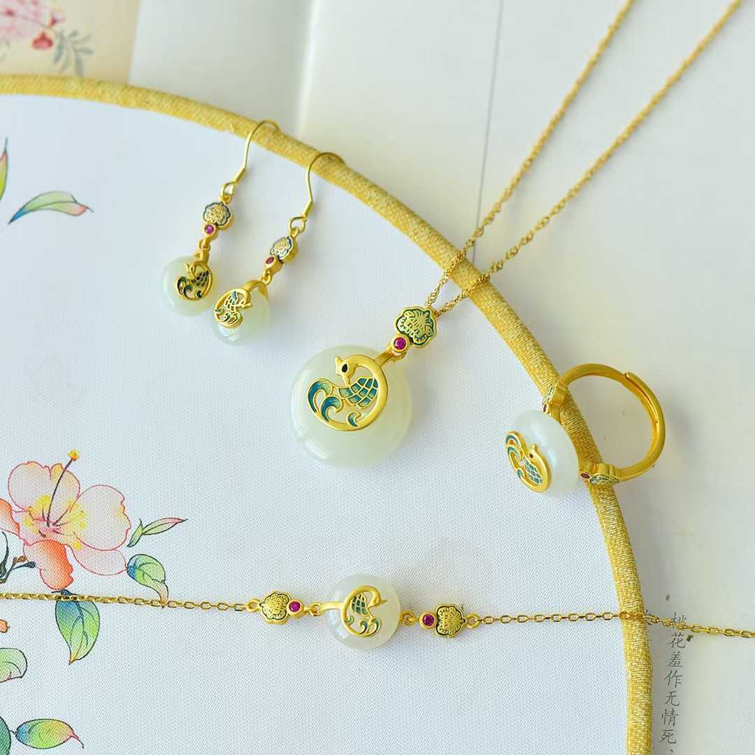 S925 Silver Inlaid Hetian Nephrite "Prosperity & Peace Buckle" Jewelry Set - jewelry - weilin.com