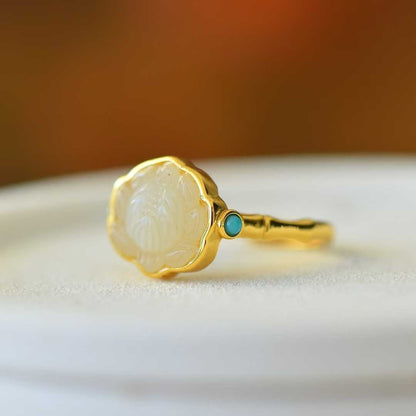 S925 Silver Inlaid Hetian Nephrite "Silver Lotus & Ruyi" Ring - jewelry - weilin.com