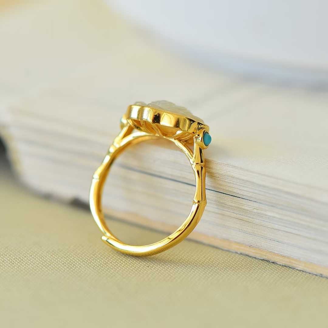 S925 Silver Inlaid Hetian Nephrite "Silver Lotus & Ruyi" Ring - jewelry - weilin.com