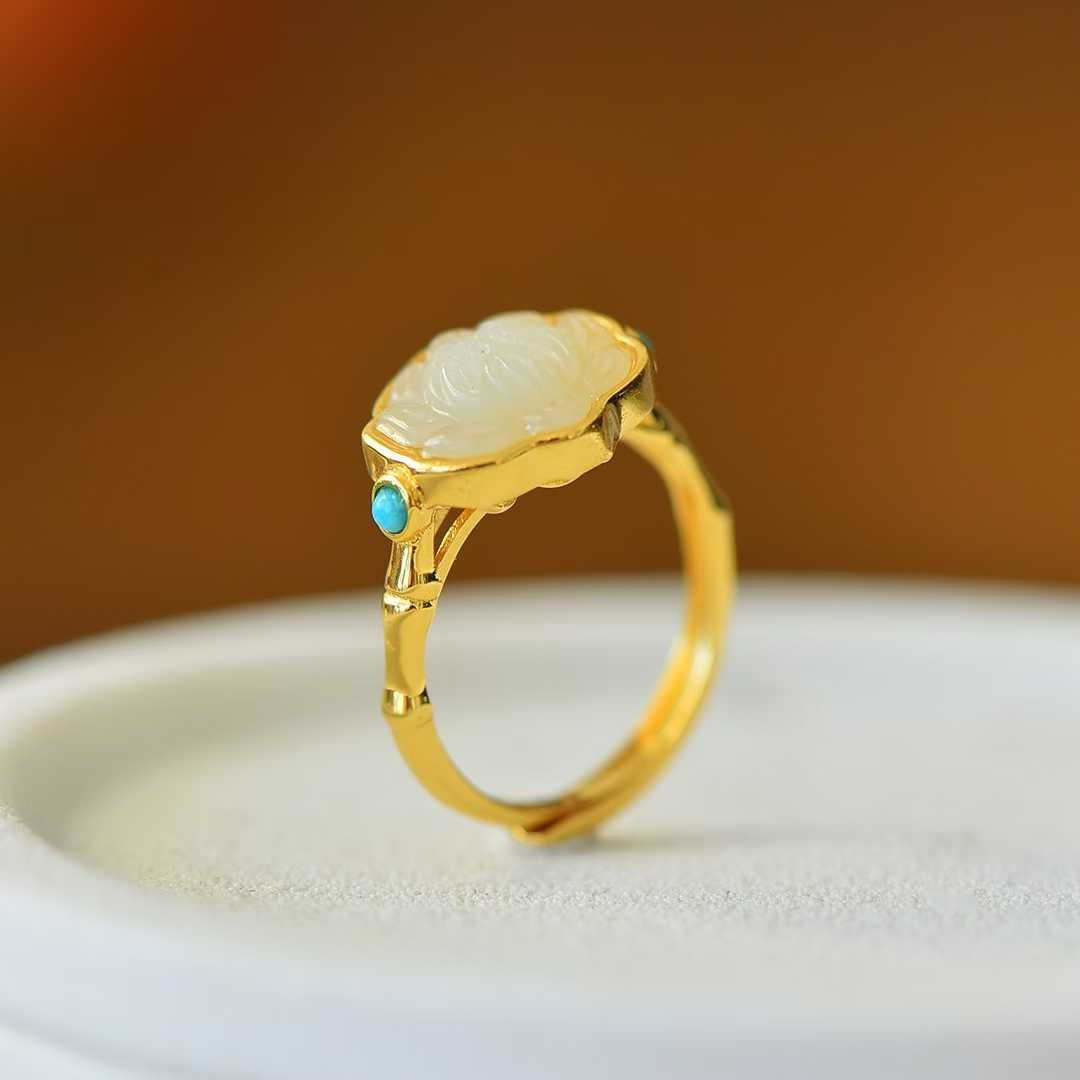 S925 Silver Inlaid Hetian Nephrite "Silver Lotus & Ruyi" Ring - jewelry - weilin.com