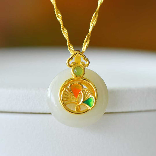 S925 Silver Inlaid Hetian Nephrite "Three Lifetimes of Apricot Blessings" Peace Buckle Pendant - jewelry - weilin.com