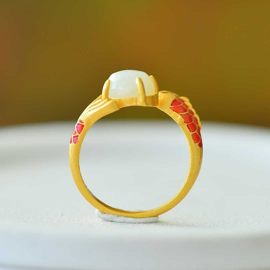S925 Silver Inlaid Hetian Nephrite "Yearly Surplus (Fish)" Ring - jewelry - weilin.com