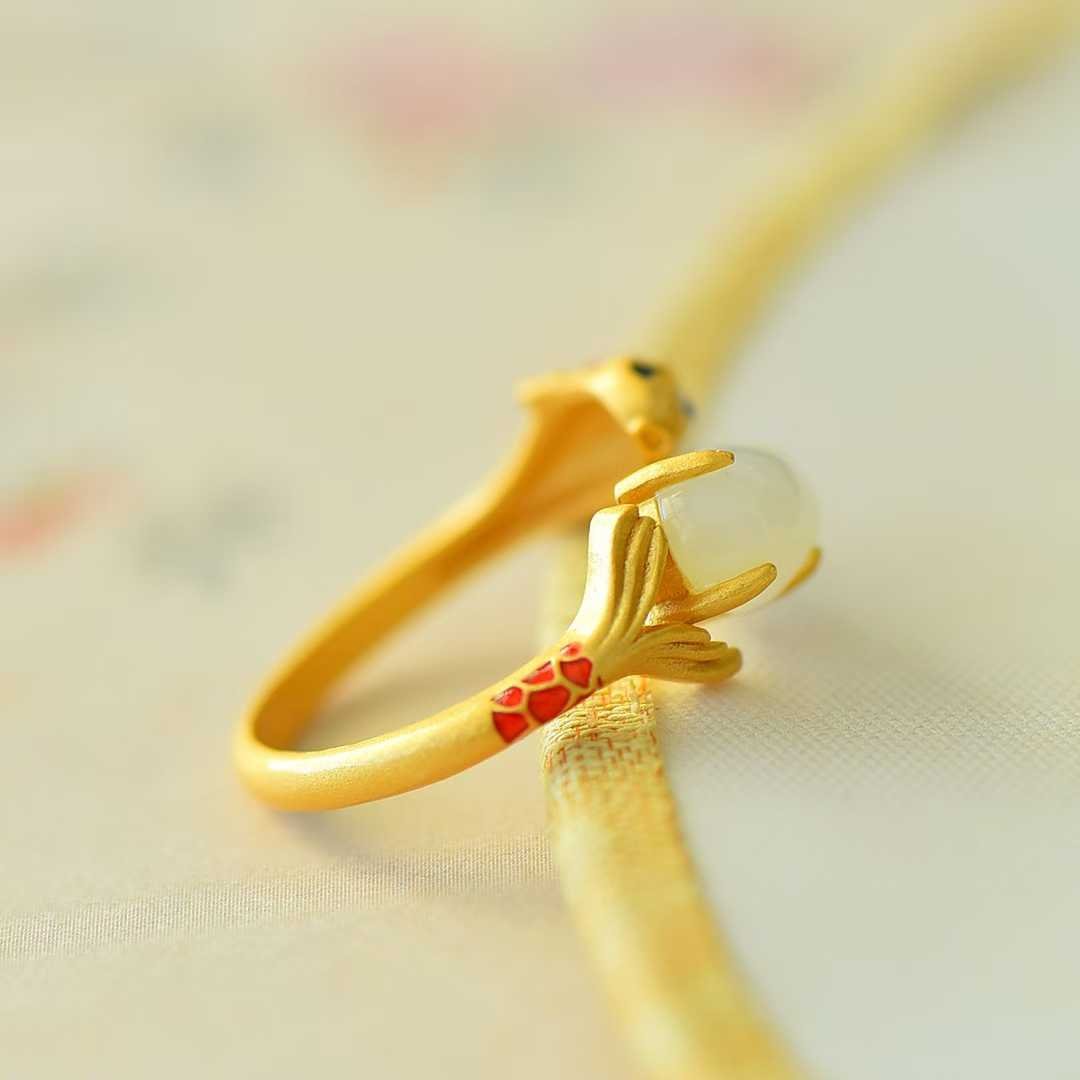 S925 Silver Inlaid Hetian Nephrite "Yearly Surplus (Fish)" Ring - jewelry - weilin.com