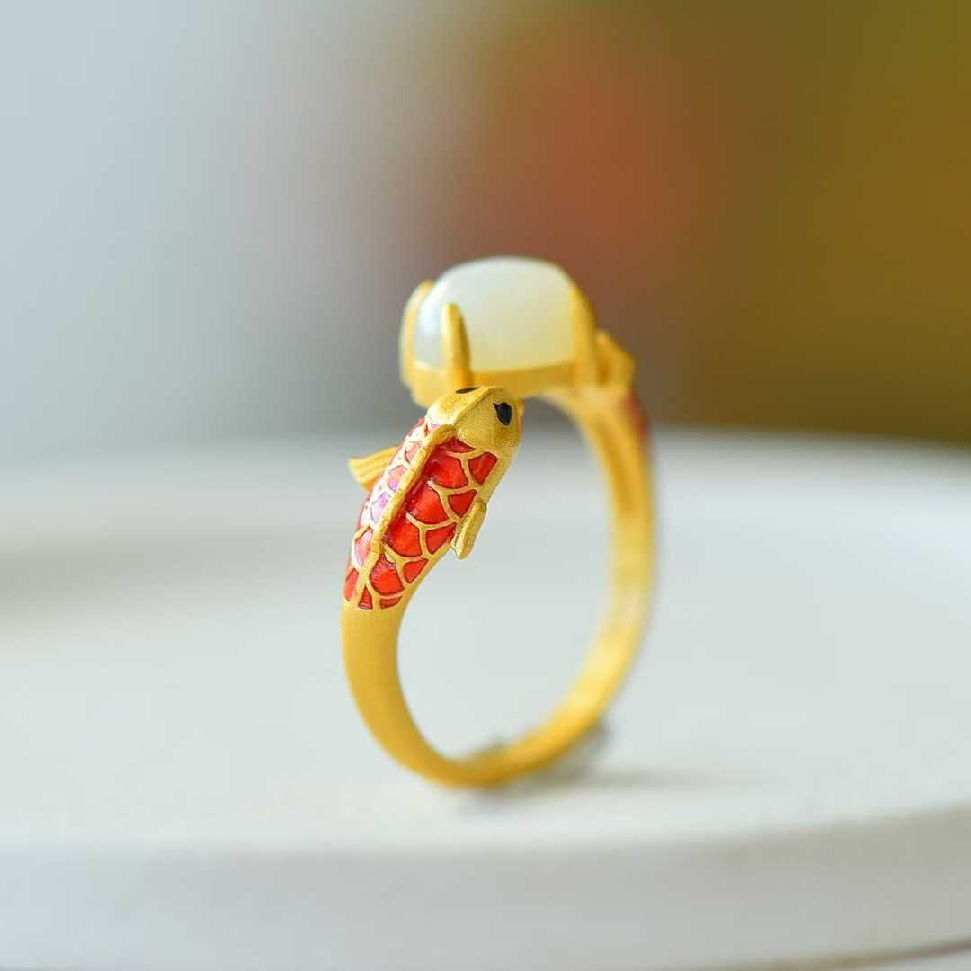 S925 Silver Inlaid Hetian Nephrite "Yearly Surplus (Fish)" Ring - jewelry - weilin.com