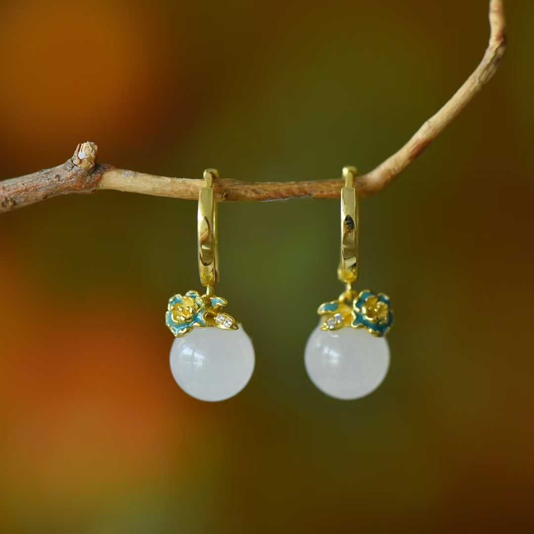 S925 Silver Inlaid Hetian White Nephrite Bead "Flowers Bloom & Fortune Arrives" Minimalist Elegance Jewelry Set - jewelry - weilin.com