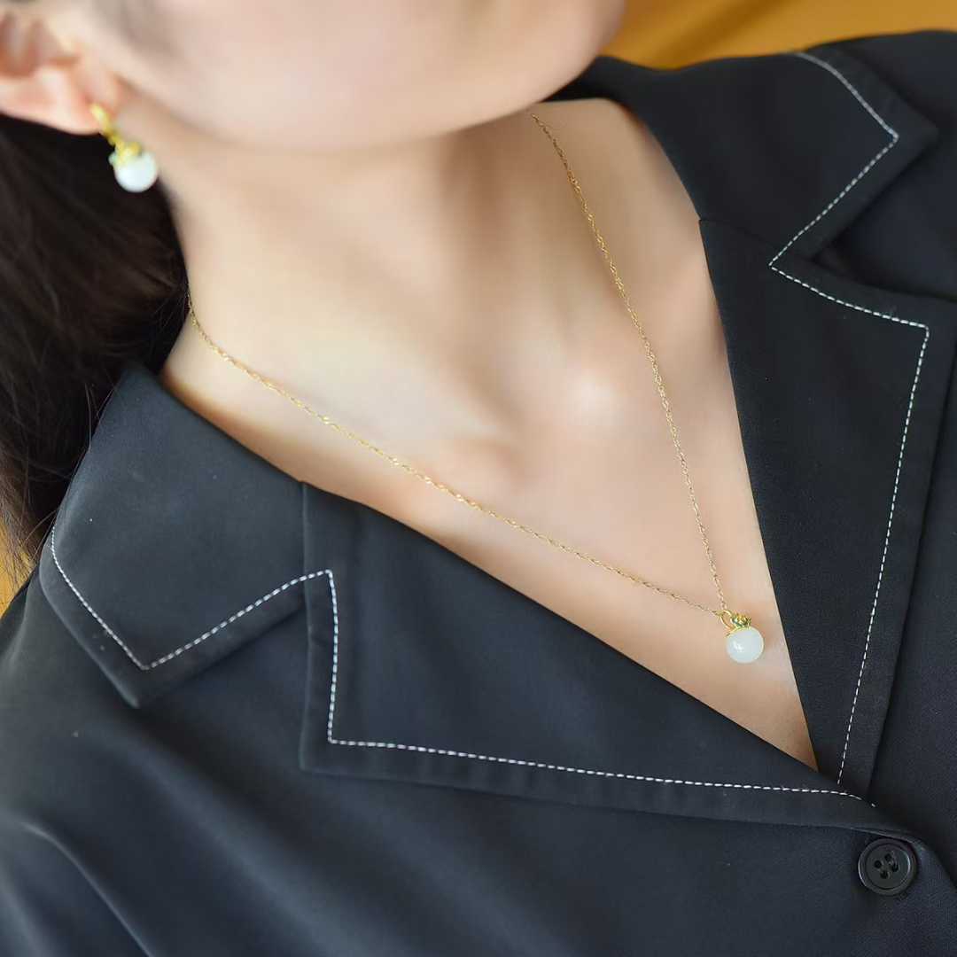 S925 Silver Inlaid Hetian White Nephrite Bead "Flowers Bloom & Fortune Arrives" Minimalist Elegance Jewelry Set - jewelry - weilin.com