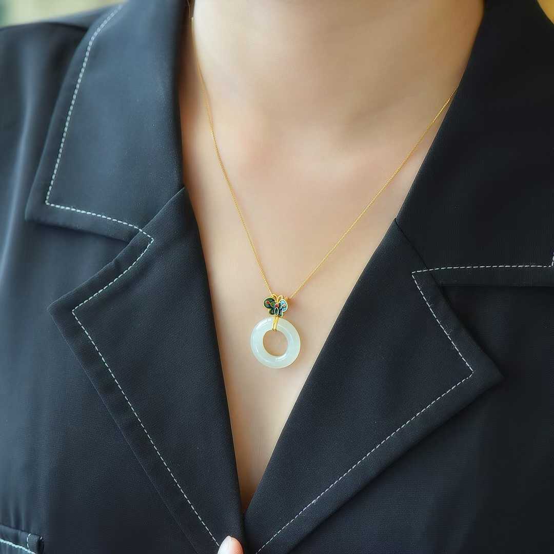 S925 Silver Inlaid Nephrite Butterfly 🦋 "Ping An Kou" Ring Pendant - jewelry - weilin.com