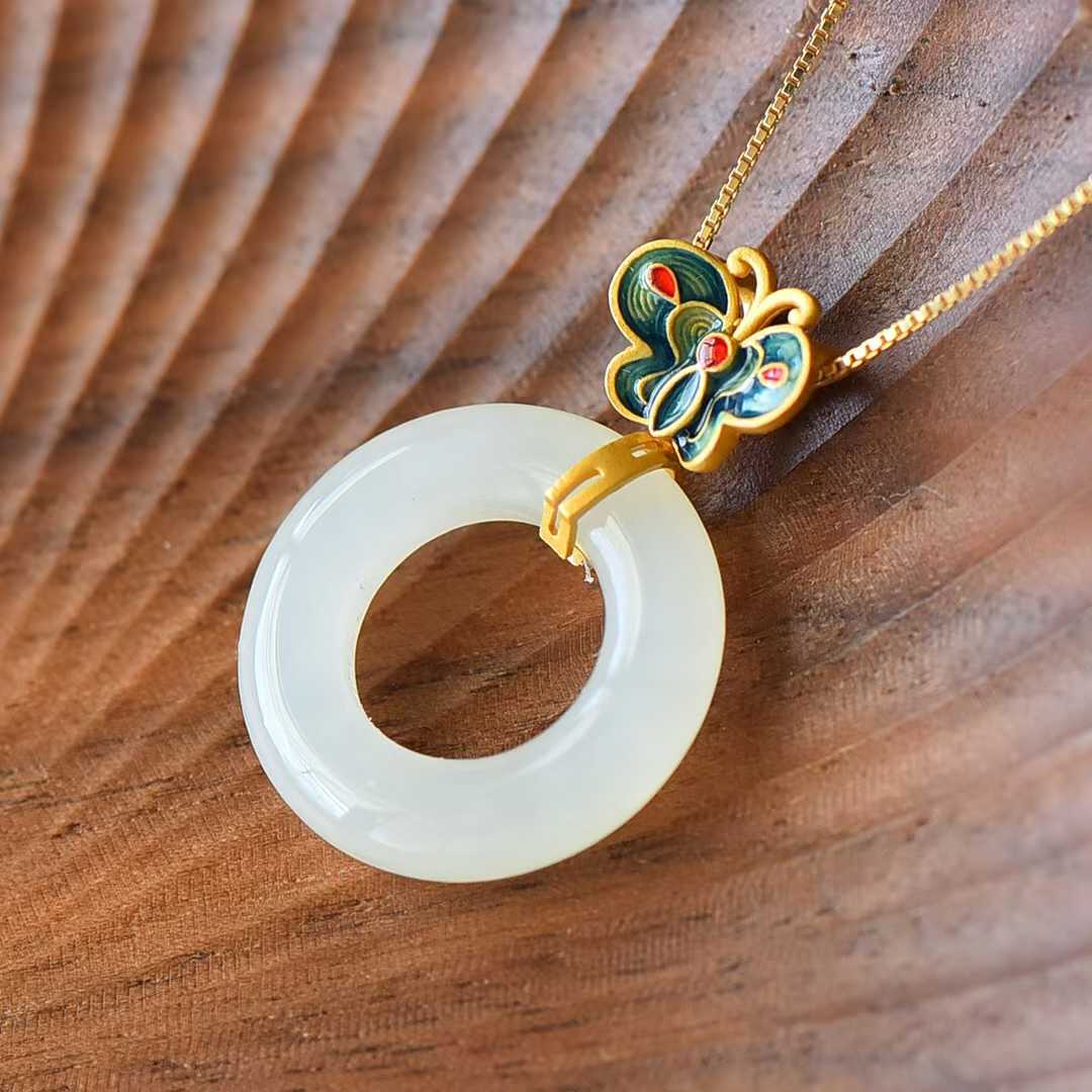 S925 Silver Inlaid Nephrite Butterfly 🦋 "Ping An Kou" Ring Pendant - jewelry - weilin.com