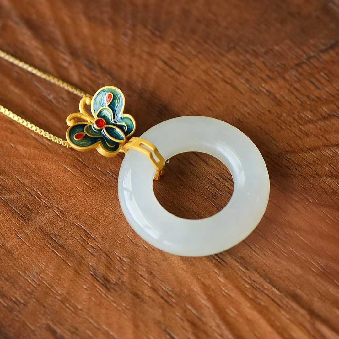 S925 Silver Inlaid Nephrite Butterfly 🦋 "Ping An Kou" Ring Pendant - jewelry - weilin.com