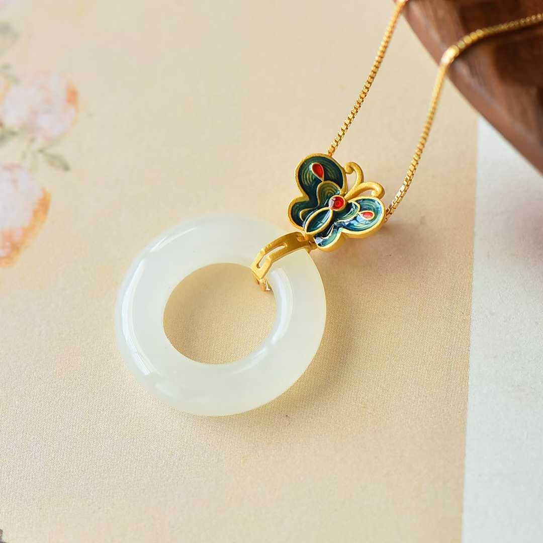 S925 Silver Inlaid Nephrite Butterfly 🦋 "Ping An Kou" Ring Pendant - jewelry - weilin.com