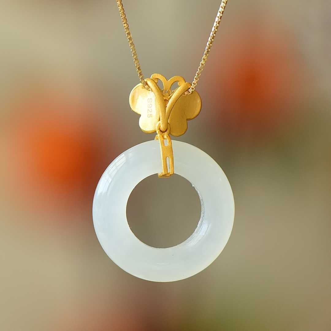 S925 Silver Inlaid Nephrite Butterfly 🦋 "Ping An Kou" Ring Pendant - jewelry - weilin.com