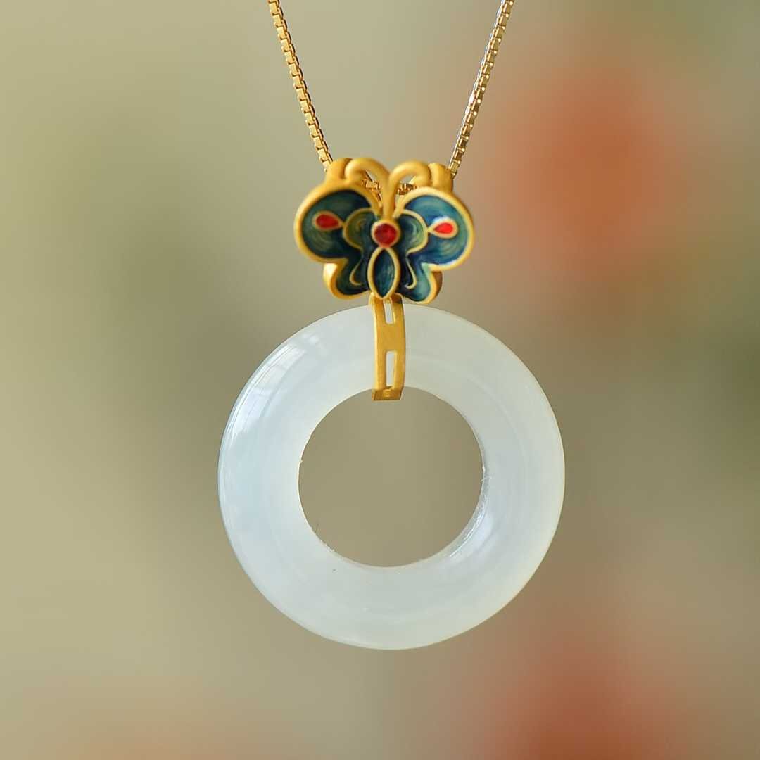 S925 Silver Inlaid Nephrite Butterfly 🦋 "Ping An Kou" Ring Pendant - jewelry - weilin.com