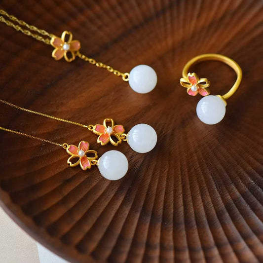 S925 Silver Inlaid Nephrite "Cherry Blossom" Three - Piece Jewelry Set - jewelry - weilin.com