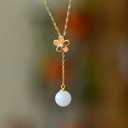 S925 Silver Inlaid Nephrite "Cherry Blossom" Three - Piece Jewelry Set - jewelry - weilin.com