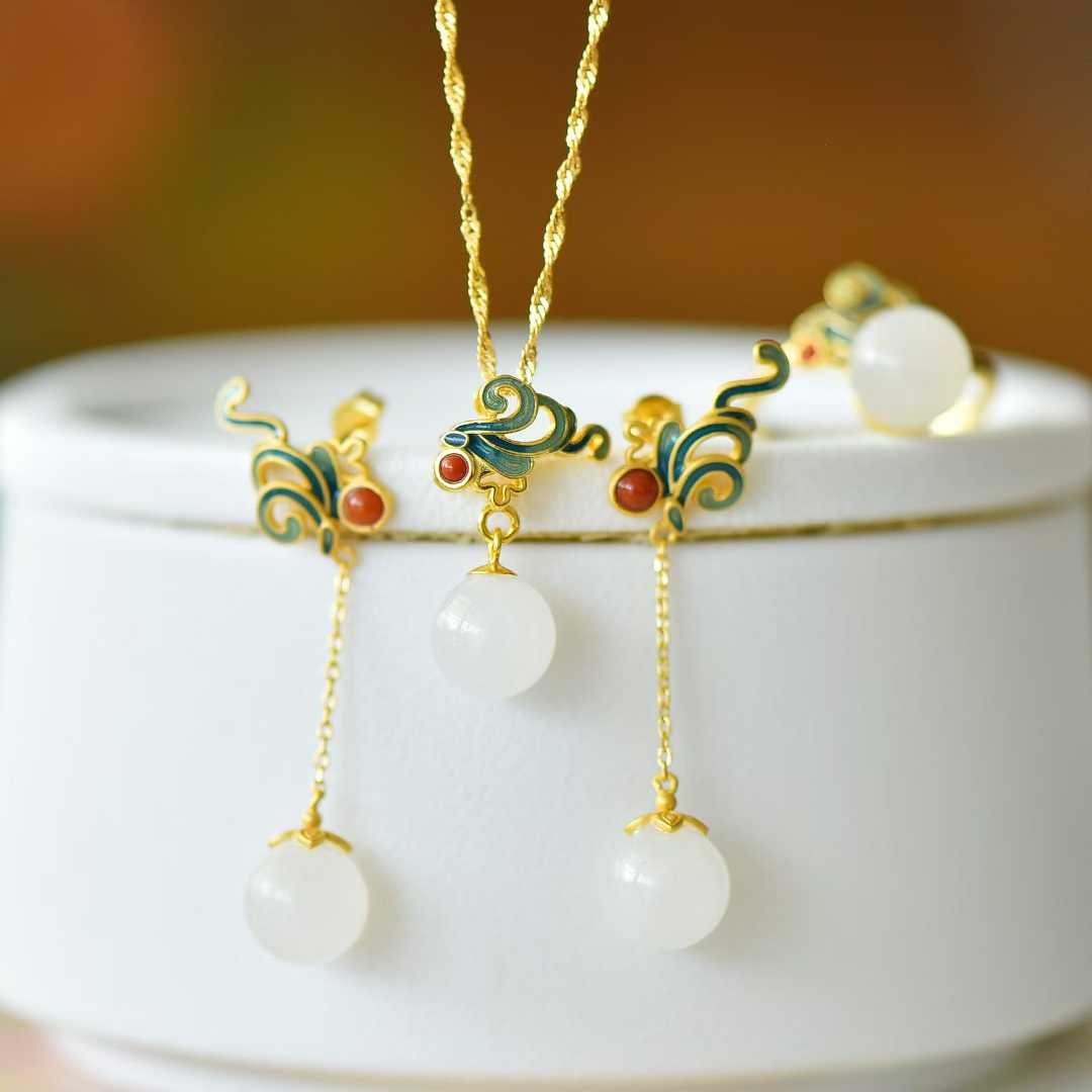 S925 Silver Inlaid Nephrite "Complete Perfection" Enamel Jewelry Set - jewelry - weilin.com
