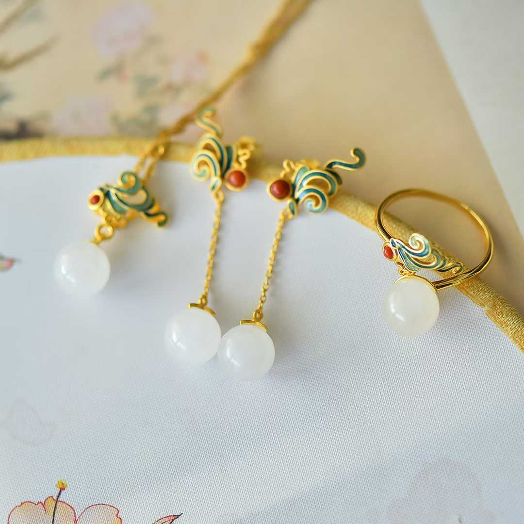 S925 Silver Inlaid Nephrite "Complete Perfection" Enamel Jewelry Set - jewelry - weilin.com