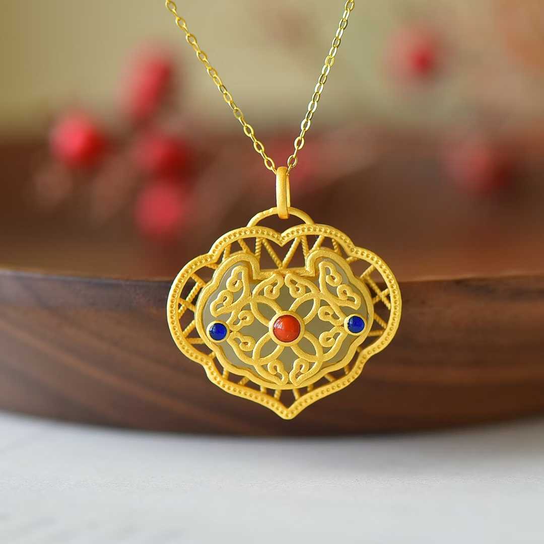 S925 Silver Inlaid Nephrite Double - Sided Lock Pendant - jewelry - weilin.com