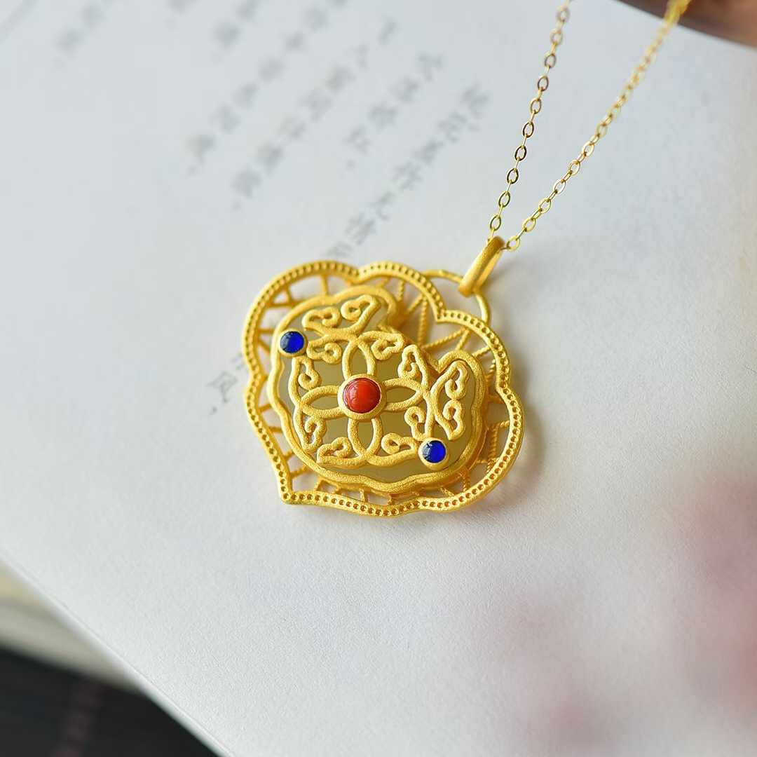 S925 Silver Inlaid Nephrite Double - Sided Lock Pendant - jewelry - weilin.com