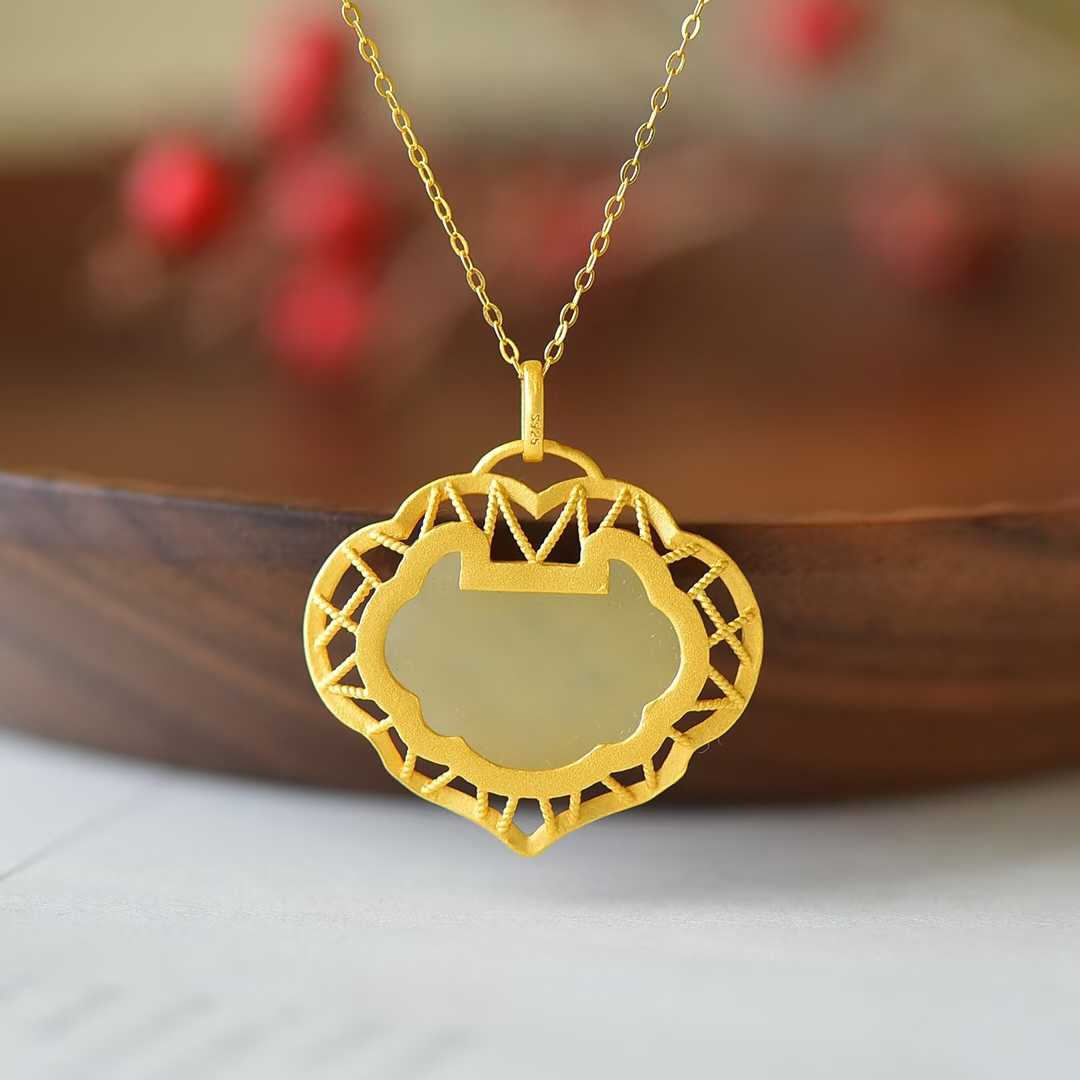 S925 Silver Inlaid Nephrite Double - Sided Lock Pendant - jewelry - weilin.com
