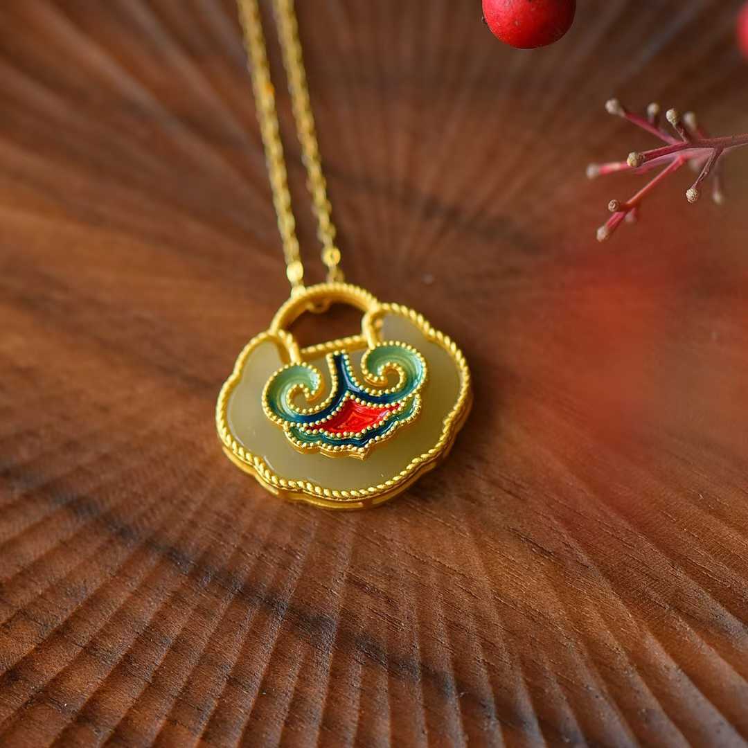 S925 Silver Inlaid Nephrite Enamel Ruyi Lock Pendant - jewelry - weilin.com