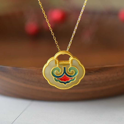 S925 Silver Inlaid Nephrite Enamel Ruyi Lock Pendant - jewelry - weilin.com