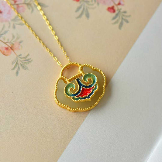 S925 Silver Inlaid Nephrite Enamel Ruyi Lock Pendant - jewelry - weilin.com