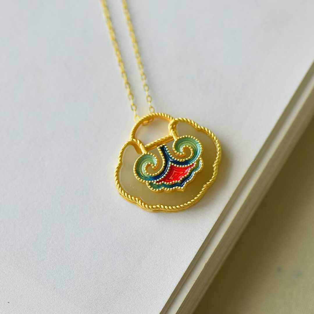 S925 Silver Inlaid Nephrite Enamel Ruyi Lock Pendant - jewelry - weilin.com