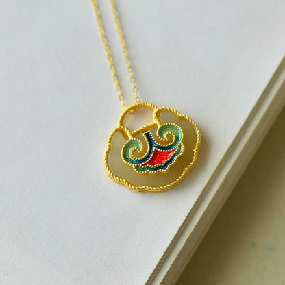 S925 Silver Inlaid Nephrite Enamel Ruyi Lock Pendant - jewelry - weilin.com