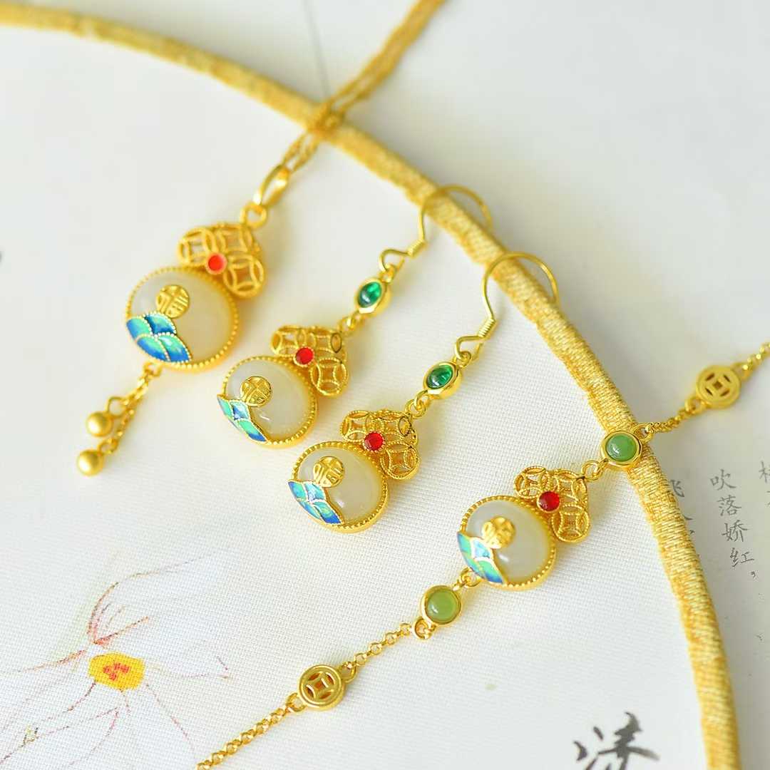 S925 Silver Inlaid Nephrite "Fuyun Lianlian" Jewelry Set - jewelry - weilin.com