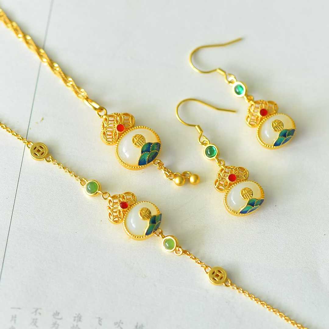 S925 Silver Inlaid Nephrite "Fuyun Lianlian" Jewelry Set - jewelry - weilin.com