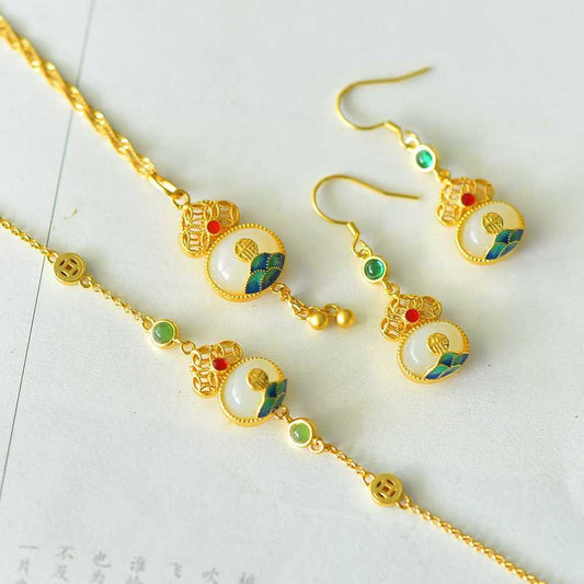 S925 Silver Inlaid Nephrite "Fuyun Lianlian" Jewelry Set - jewelry - weilin.com