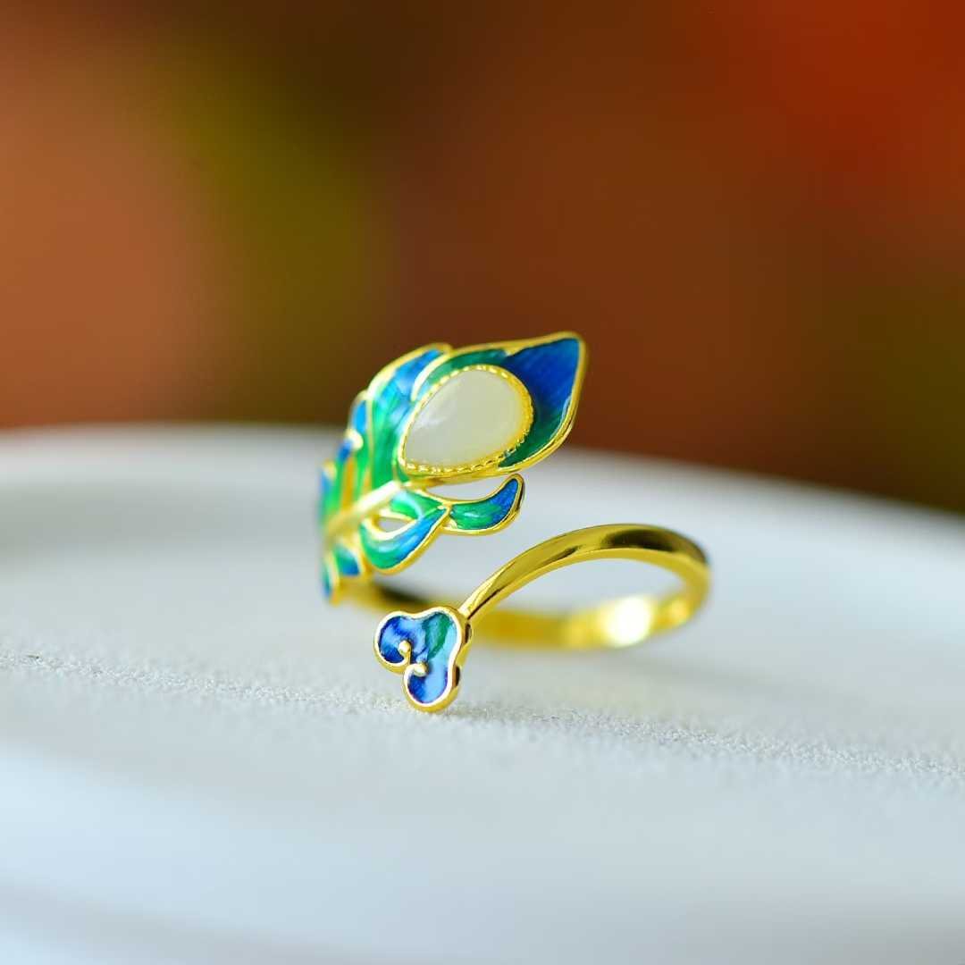 S925 Silver Inlaid Nephrite "Golden Branch Jade Leaf" Enamel Ring - jewelry - weilin.com