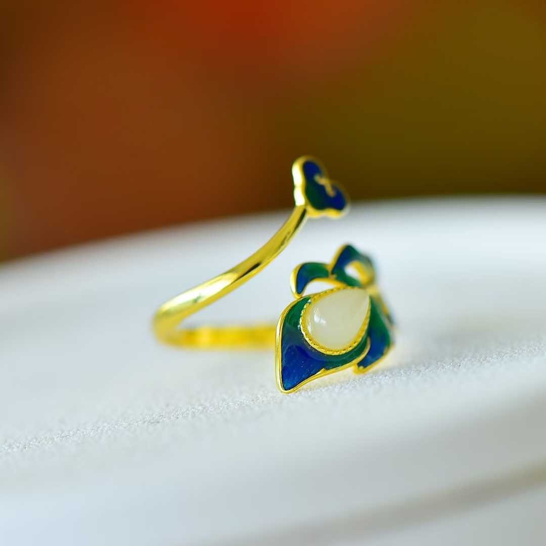 S925 Silver Inlaid Nephrite "Golden Branch Jade Leaf" Enamel Ring - jewelry - weilin.com