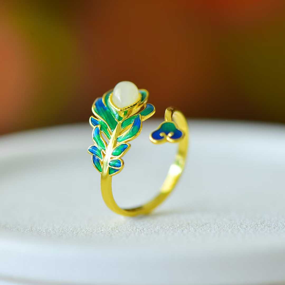 S925 Silver Inlaid Nephrite "Golden Branch Jade Leaf" Enamel Ring - jewelry - weilin.com