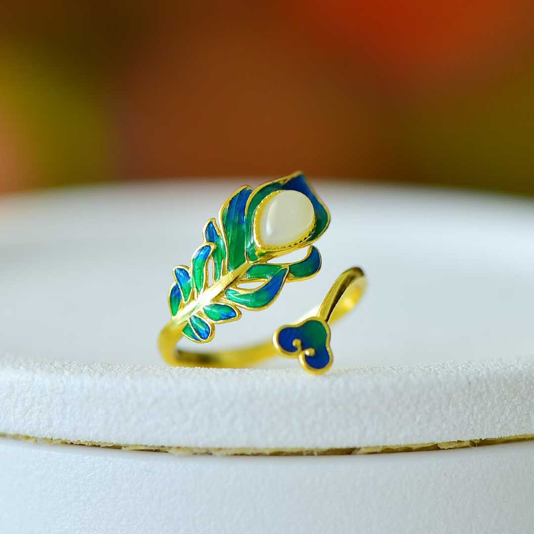 S925 Silver Inlaid Nephrite "Golden Branch Jade Leaf" Enamel Ring - jewelry - weilin.com