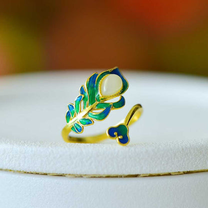 S925 Silver Inlaid Nephrite "Golden Branch Jade Leaf" Enamel Ring - jewelry - weilin.com