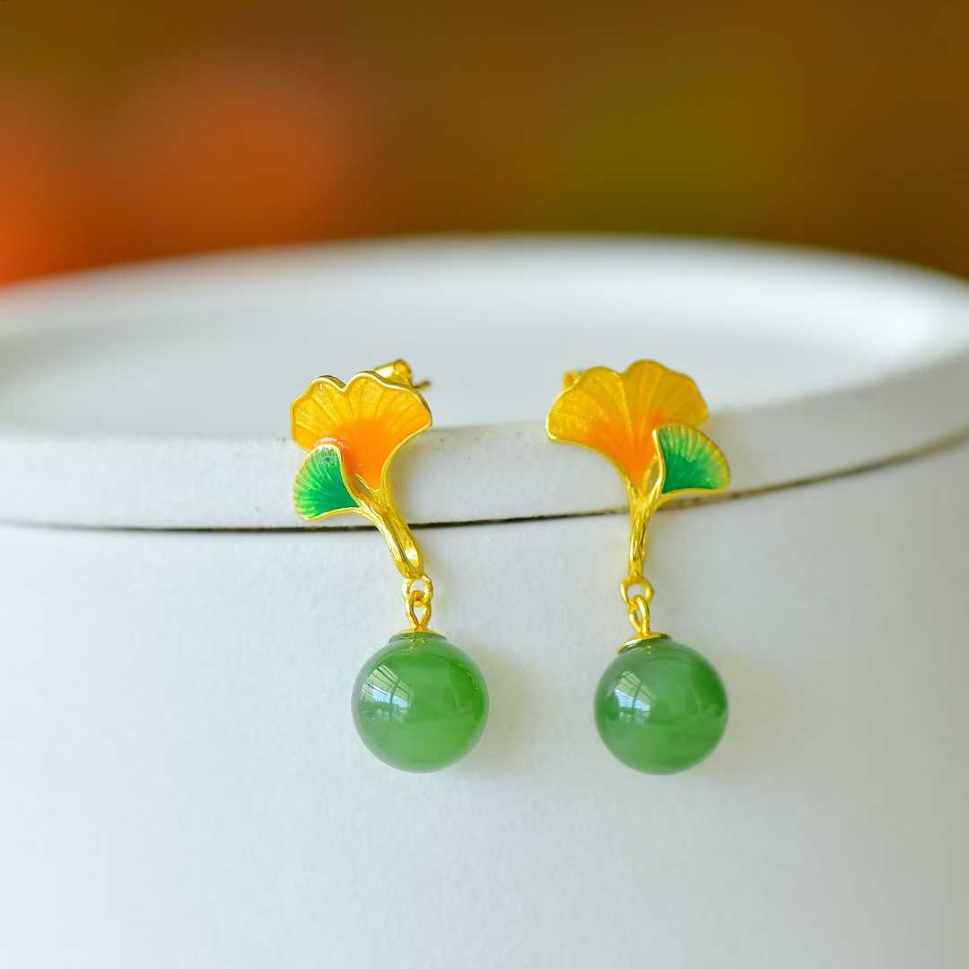 S925 Silver Inlaid Nephrite Green Jade "Apricot Blossoms for You" Jewelry Set - jewelry - weilin.com