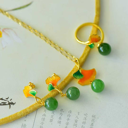 S925 Silver Inlaid Nephrite Green Jade "Apricot Blossoms for You" Jewelry Set - jewelry - weilin.com